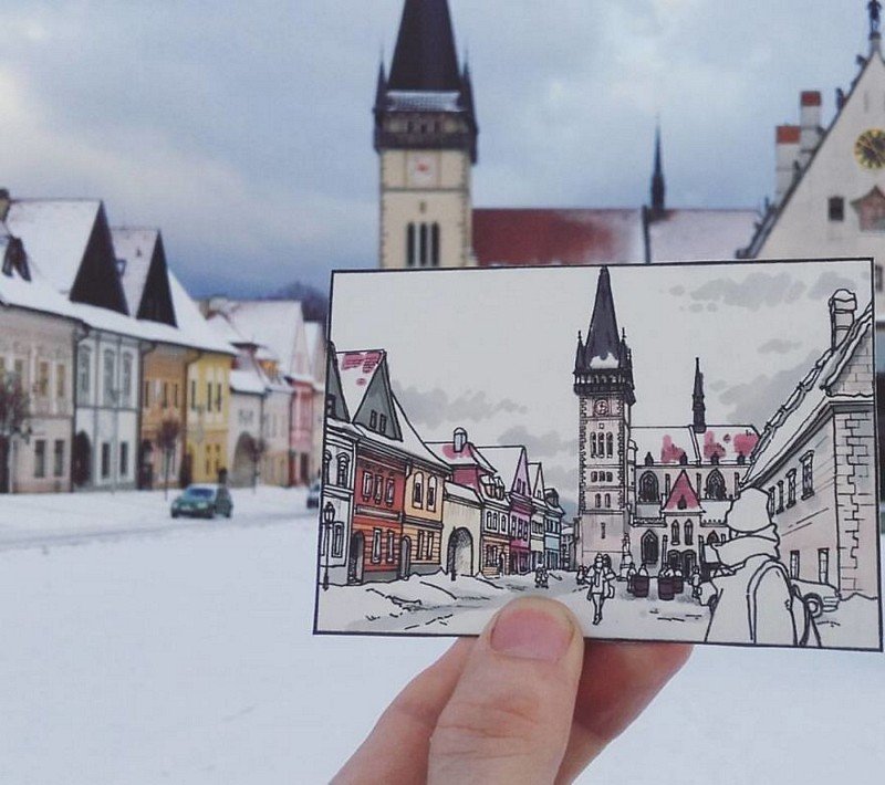 Ele faz pequenas ilustrações dos lugares que visita em suas viagens • ele faz pequenas ilustracoes dos lugares que visita 1