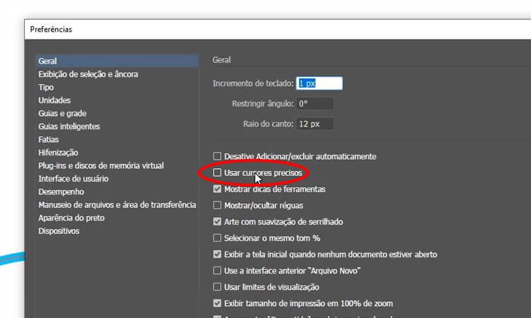 Como ligar/desligar o "X" ou alvo que aparece no lugar do cursor do mouse no Illustrator? • 2 ai