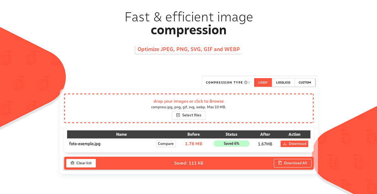 Captura de tela do site Compressor, mostrando o processo de redução do tamanho de uma imagem