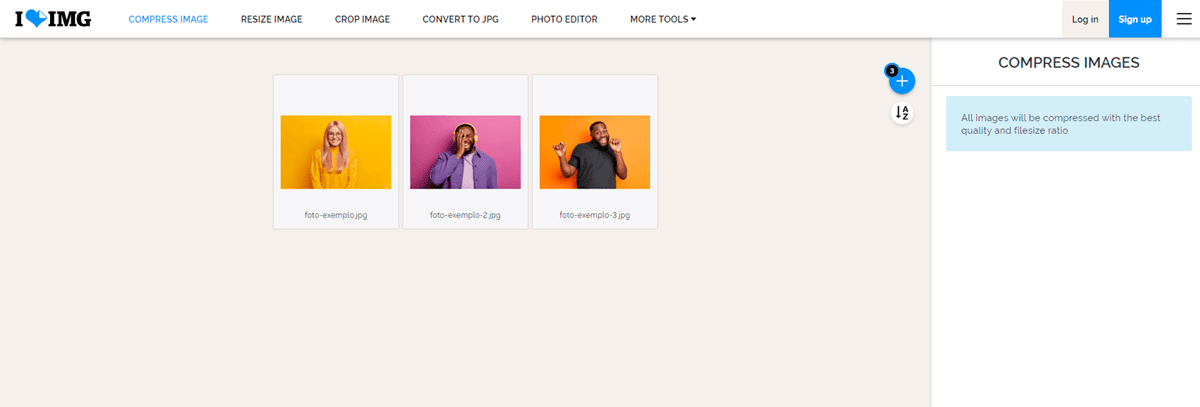 Captura de tela do site iLoveIMG, uma ferramenta para diminuir tamanho de fotos