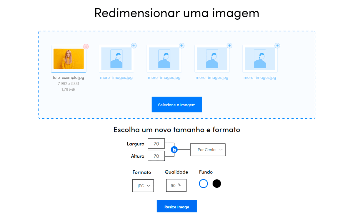 Captura de tela do site ReduceImages, mostrando como reduzir tamanho de um JPG