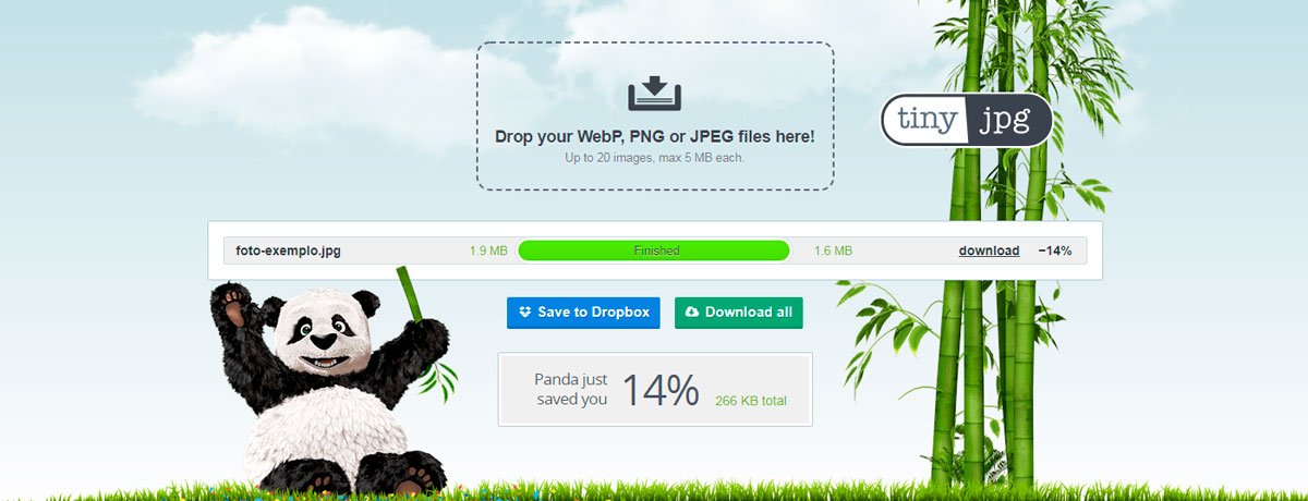 Captura de tela do site TinyJPG, mostrando como diminuir tamanho de foto