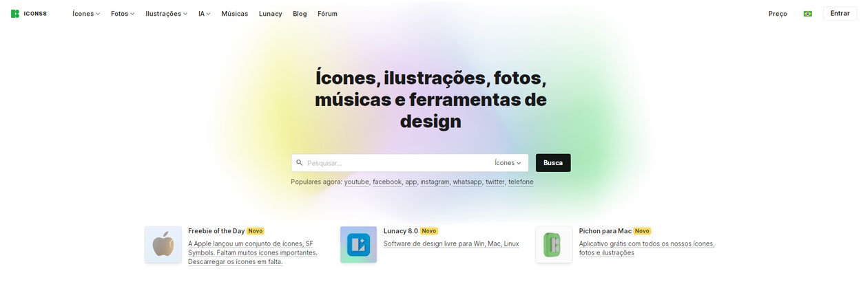 Captura de tela da página inicial do site Icons8