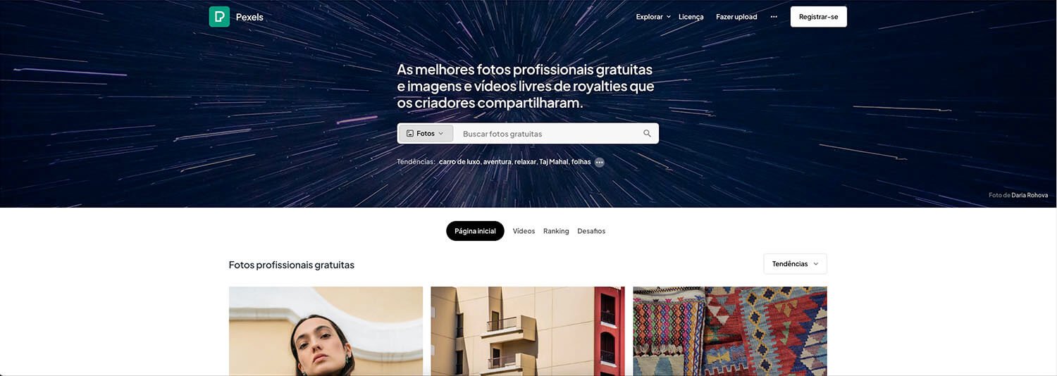 Tela inicial do banco de imagens gratuitas Pexels