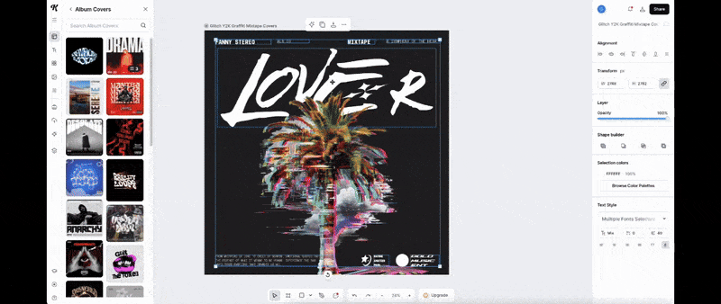 Demonstração da criação de capa de álbum online na Kittl