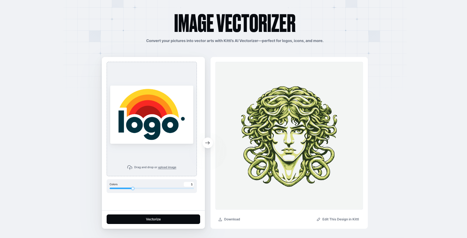 Tela do Image Vectorizer da Kittl com uma imagem de um logotipo pronto para ser vetorizada online