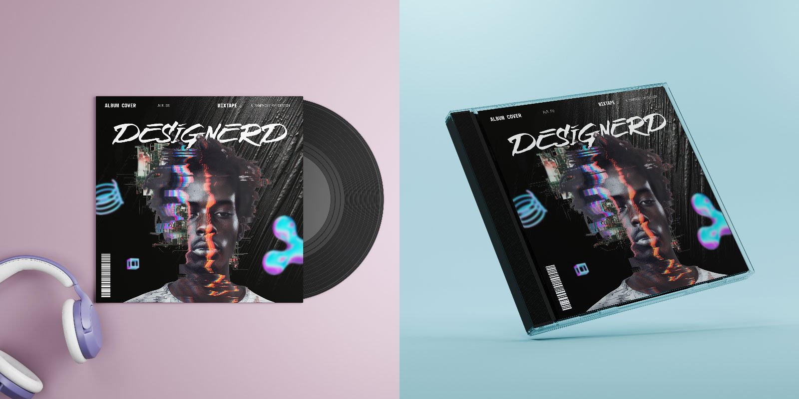 Exemplos de mockups de capa de álbum disponíveis na Kittl
