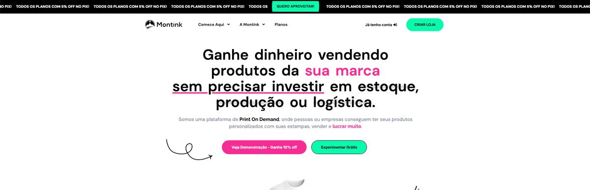 Tela Inicial da Montink, uma das plataformas citadas para vender camisetas estampadas